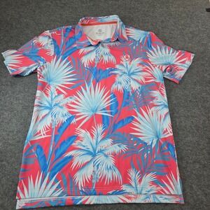 Scales Men Medium Pink Blue Tropical Palm Performance Polo Shirt Royal Blue Logo
